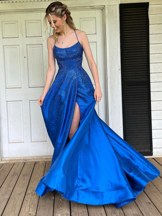 A Line Spaghetti Straps Open Back Prom Dress With Beading