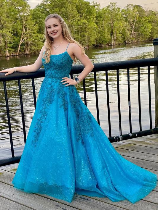 Spaghetti Straps Sparkly Long Prom Dress With Appliques
