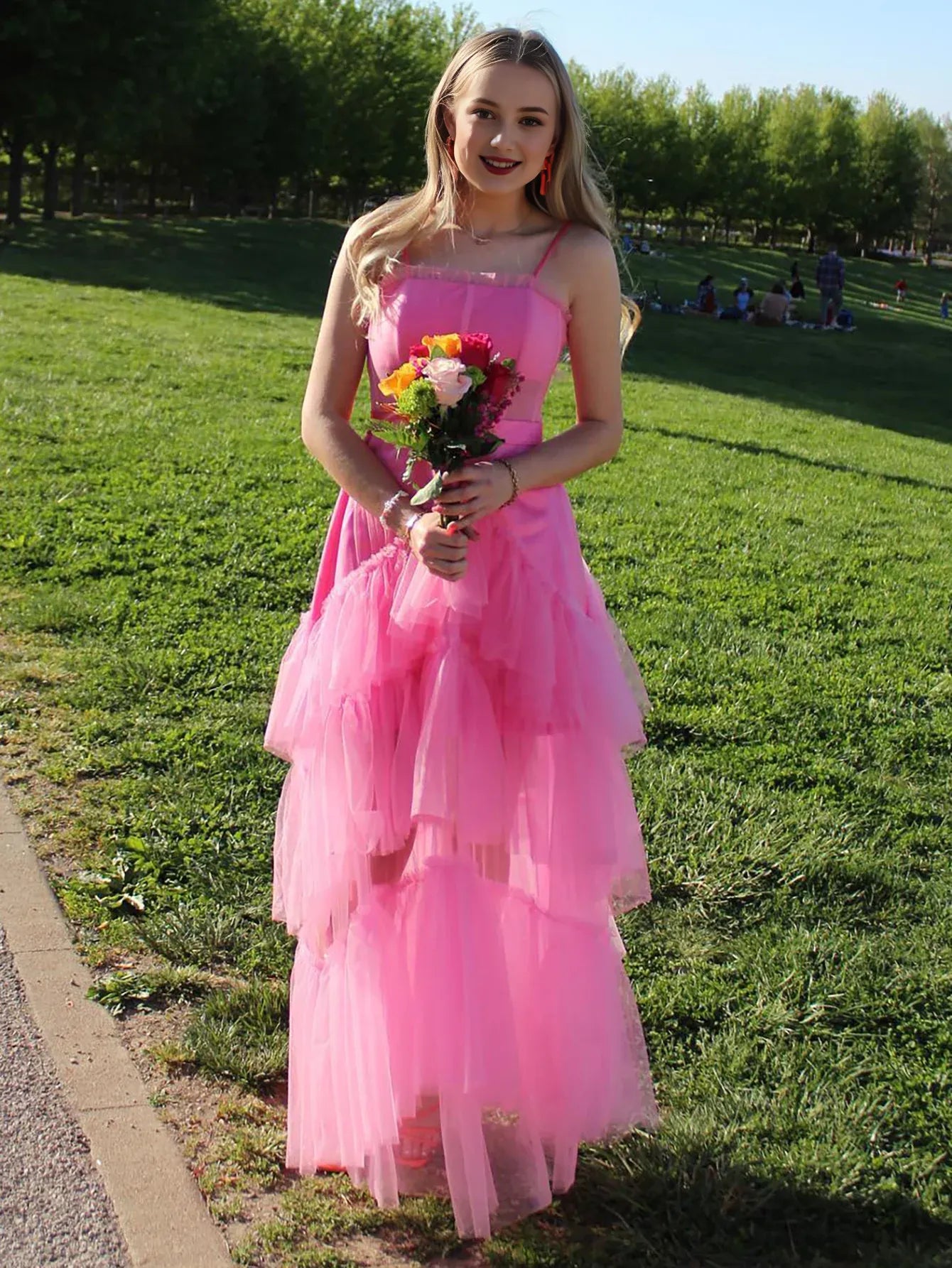 A Line Spaghetti Straps Pink Tulle Layers Long Prom Dress