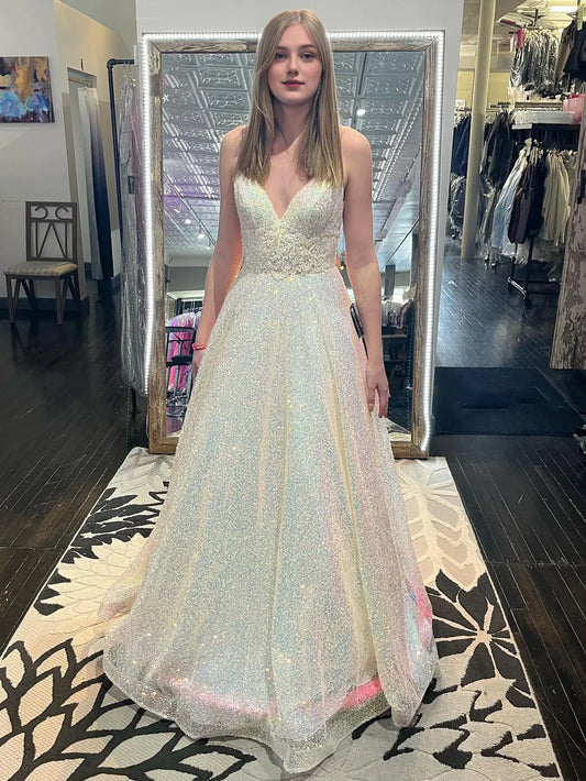 A Line Sparkly Low V Neck Spaghetti Straps Long Prom Dress