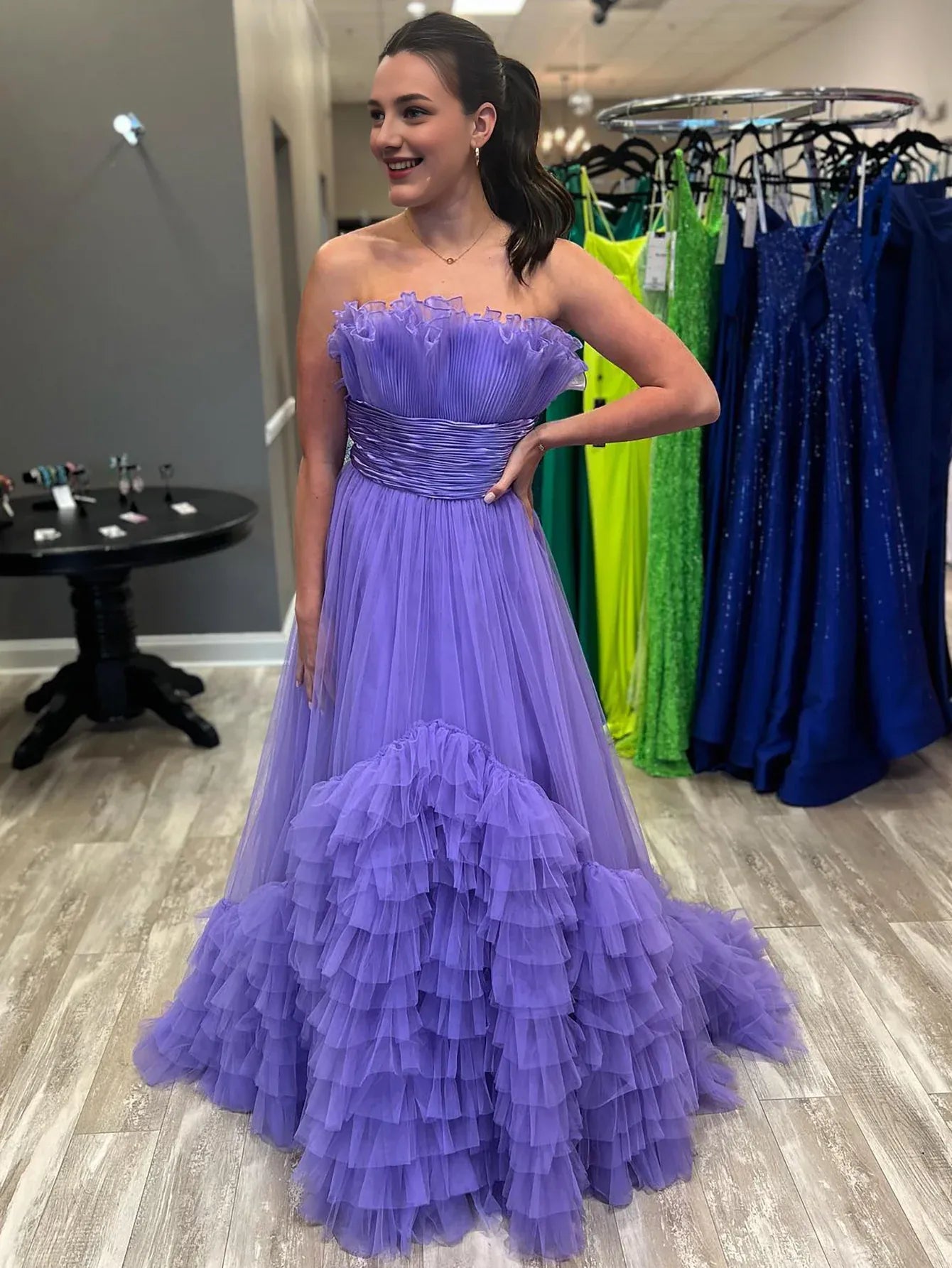 A Line Strapless Backless Tulle Long Prom Dress