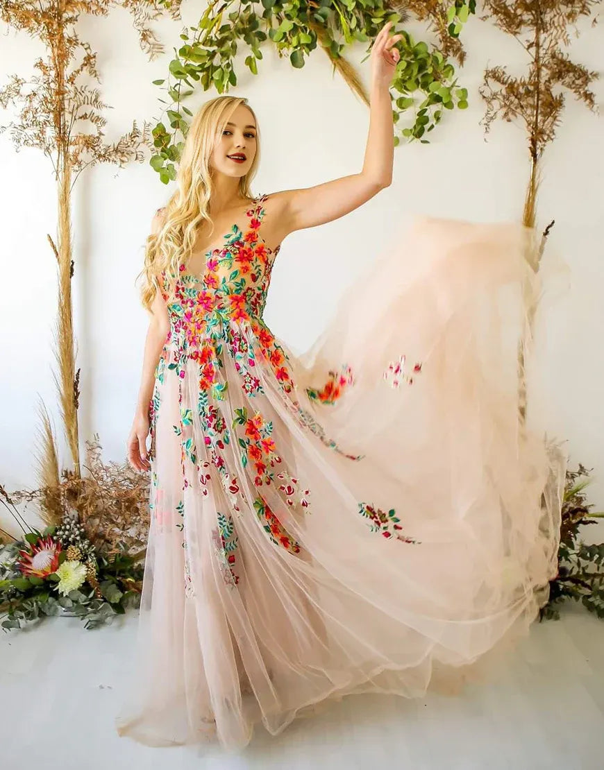 A Line Low V Neck Flower Long Prom Dress