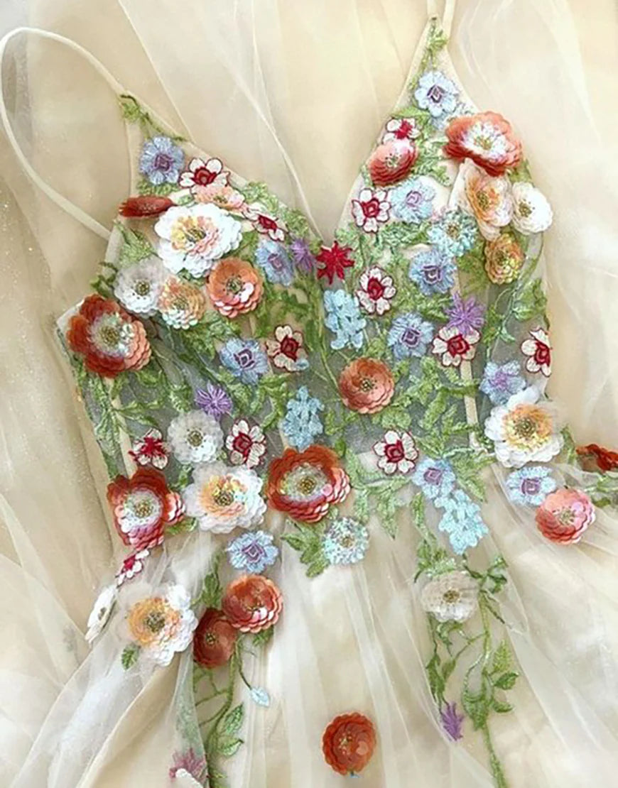 A Line V Neck Tulle Flower Long Prom Dress