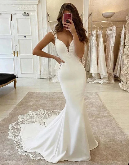 Mermaid Lace Satin V-neck Cap Sleeves Wedding Dress With Appliques