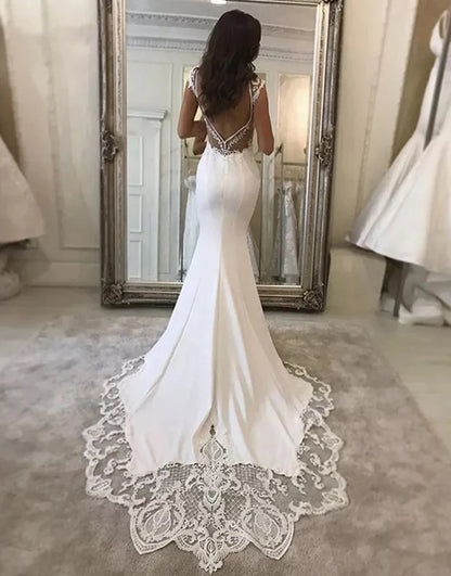 Mermaid Lace Satin V-neck Cap Sleeves Wedding Dress With Appliques