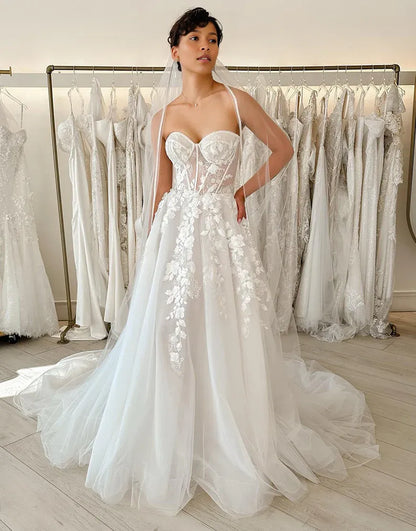 A Line Backless Lace Tull Wedding Dress With Appliques