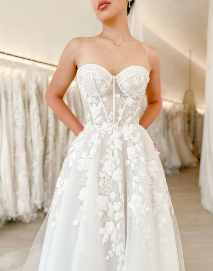 A Line Backless Lace Tull Wedding Dress With Appliques