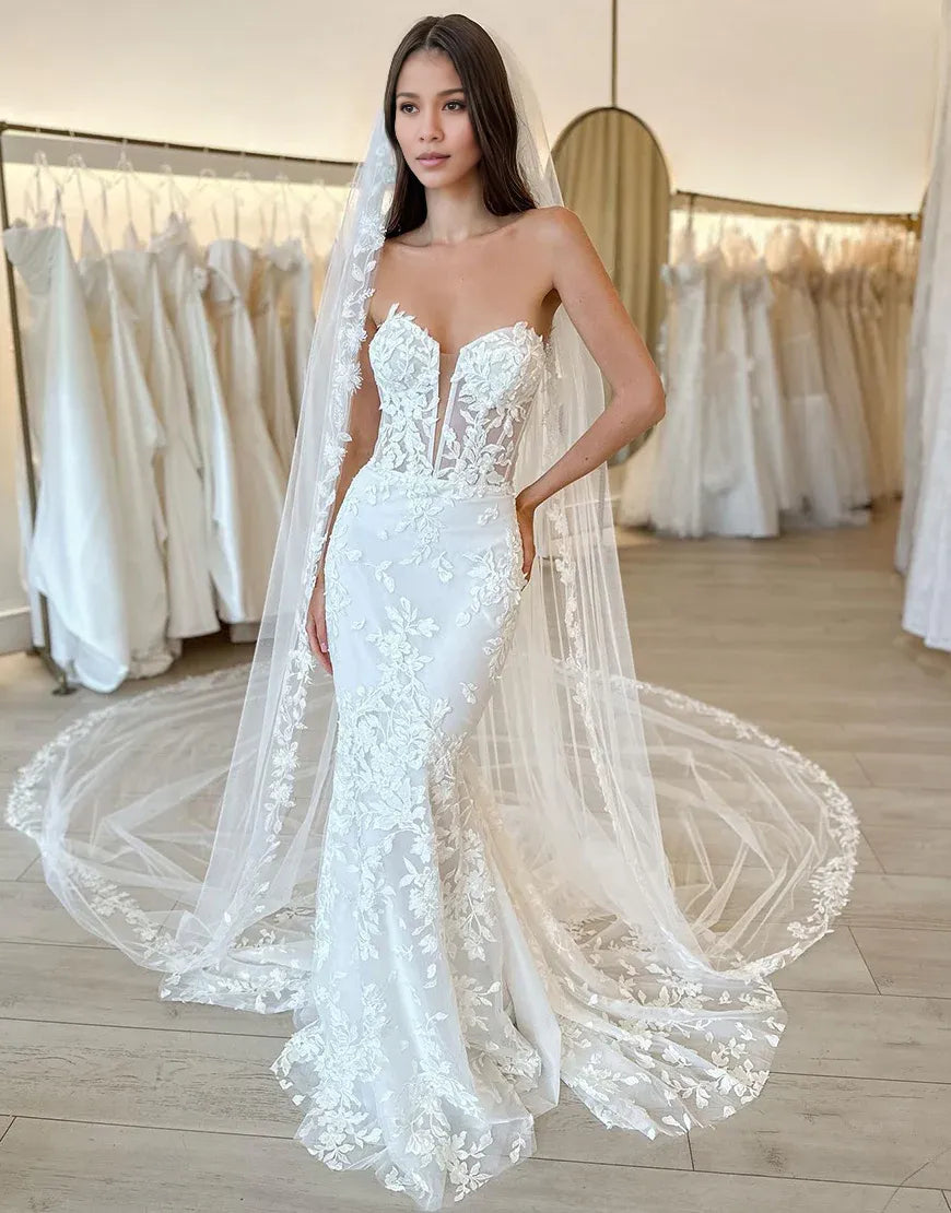 Mermaid Lace Tulle Strapless Off The Shoulder Wedding Dress With Appliques No With Veil