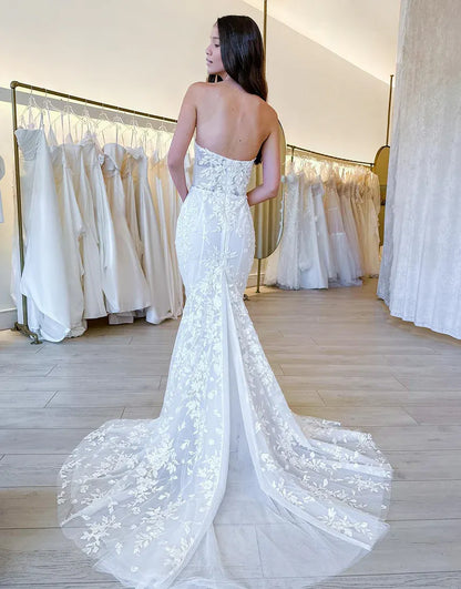 Mermaid Lace Tulle Strapless Off The Shoulder Wedding Dress With Appliques