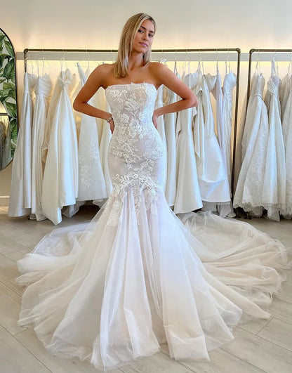 A Line Mermaid Strapless Tulle Long Wedding Dresses with Appliques