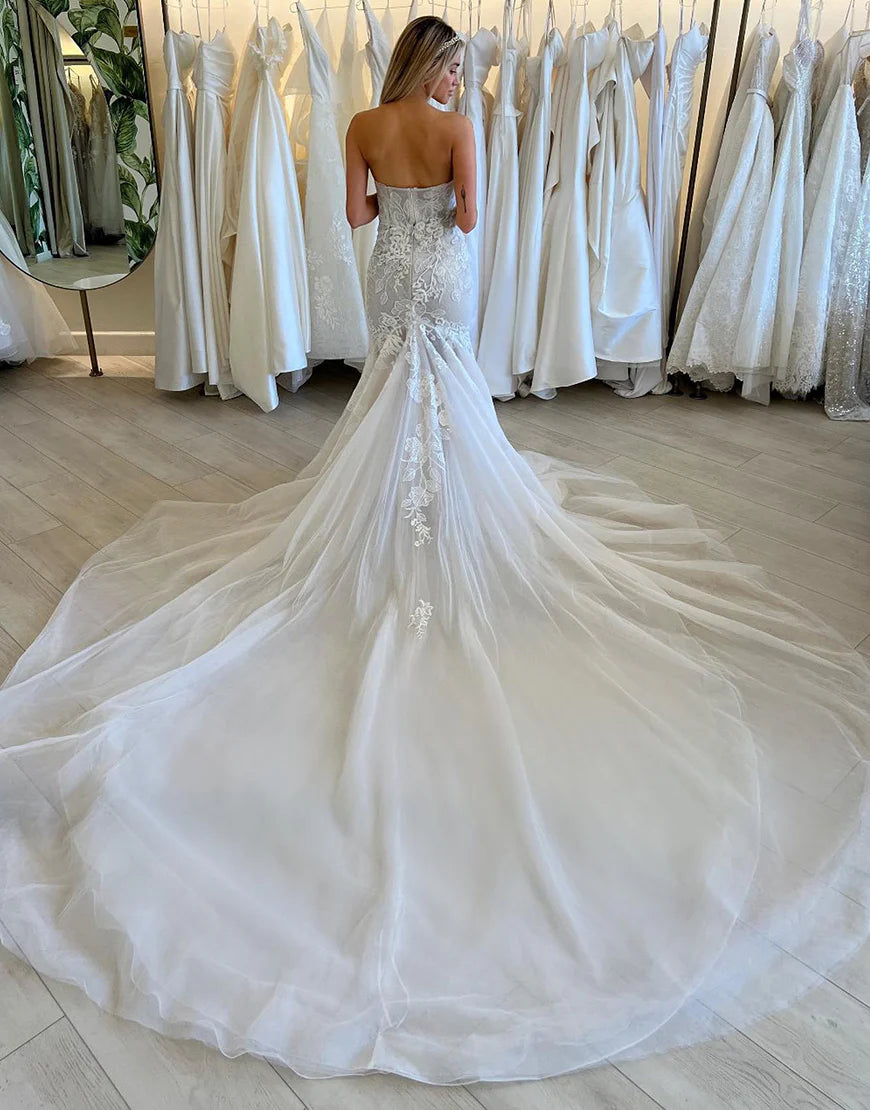 A Line Mermaid Strapless Tulle Long Wedding Dresses with Appliques