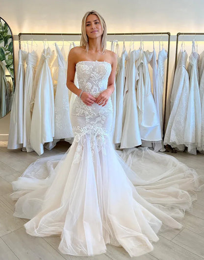 A Line Mermaid Strapless Tulle Long Wedding Dresses with Appliques