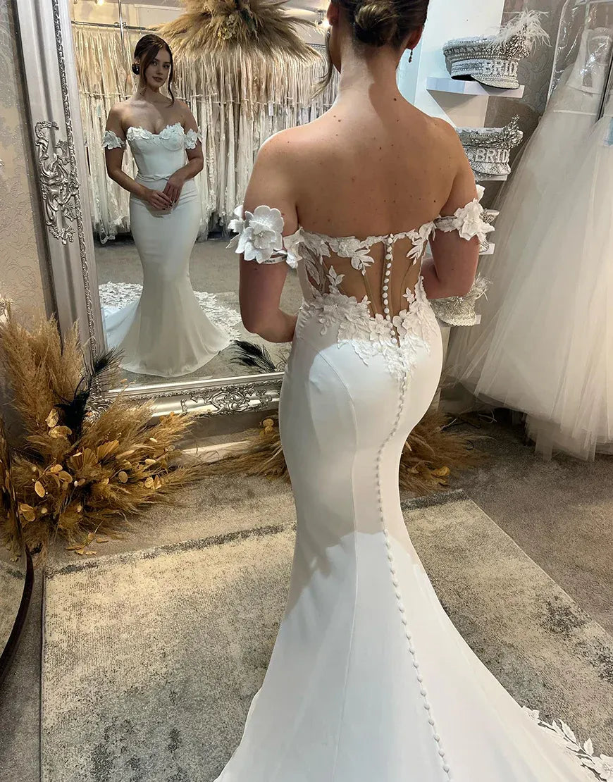 Mermaid Off The Shoulder Wedding Dress Floor Length With Appliques Charming Bridal Gown