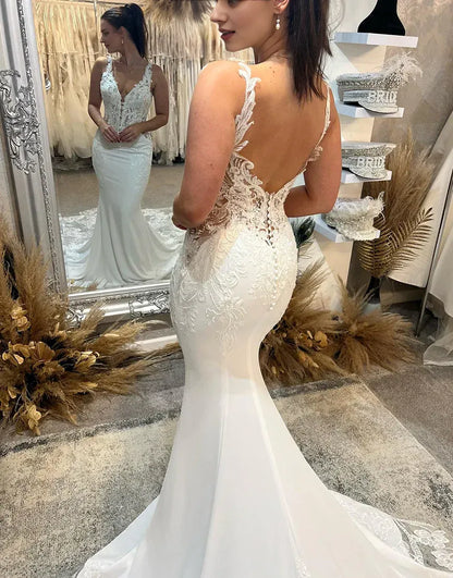 Mermaid Low V-Neck 3D Flower Lace Applique Wedding Dress