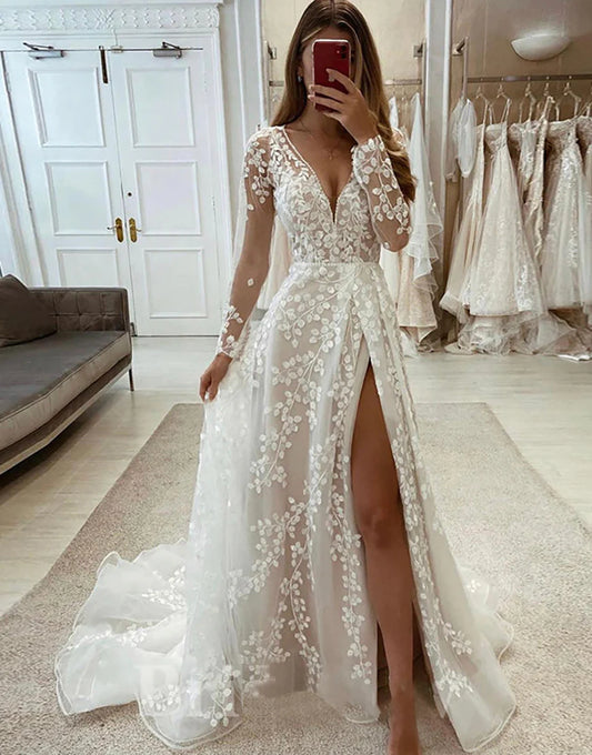 Low V-Neck Long Sleeves Wedding Dress With Split