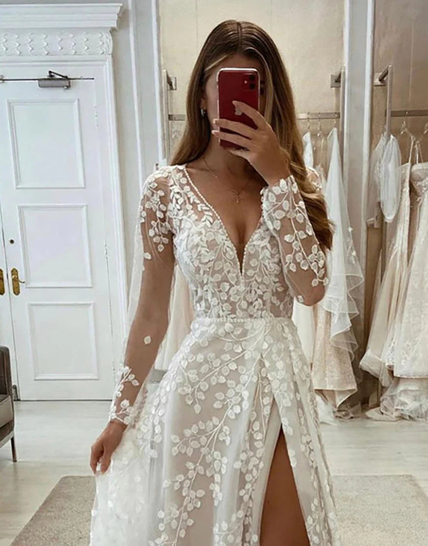 Low V-Neck Long Sleeves Wedding Dress With Split