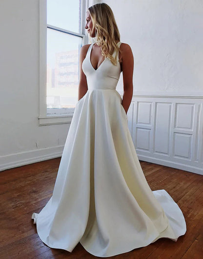 A-Line Low V-Neck White Wedding Dress with BowKnot