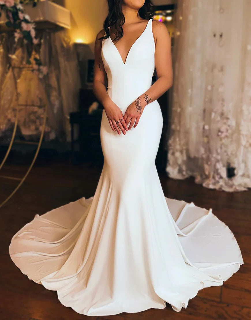 Mermaid Simple Low V Neck Satin Wedding Dress