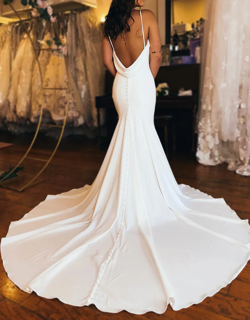 Mermaid Simple Low V Neck Satin Wedding Dress