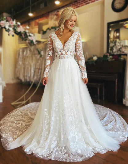 A Line V Neck Long Sleeve Tulle Lace Wedding Dress With Appliques