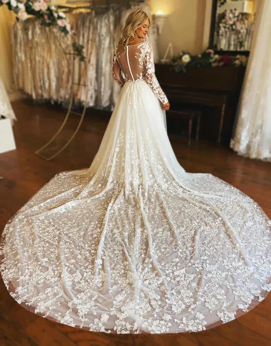 A Line V Neck Long Sleeve Tulle Lace Wedding Dress With Appliques