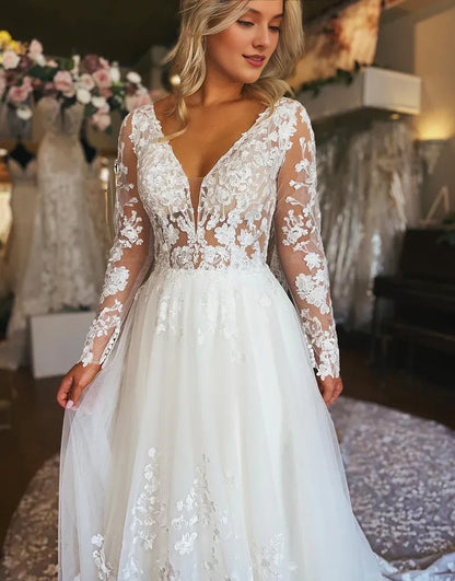 A Line V Neck Long Sleeve Tulle Lace Wedding Dress With Appliques