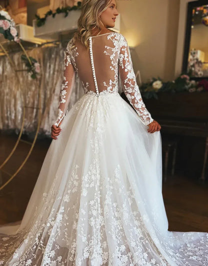 A Line V Neck Long Sleeve Tulle Lace Wedding Dress With Appliques