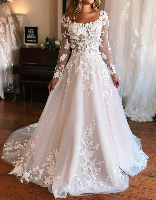 A Line Lace Long Sleeves Tulle Wedding Dress with Floral