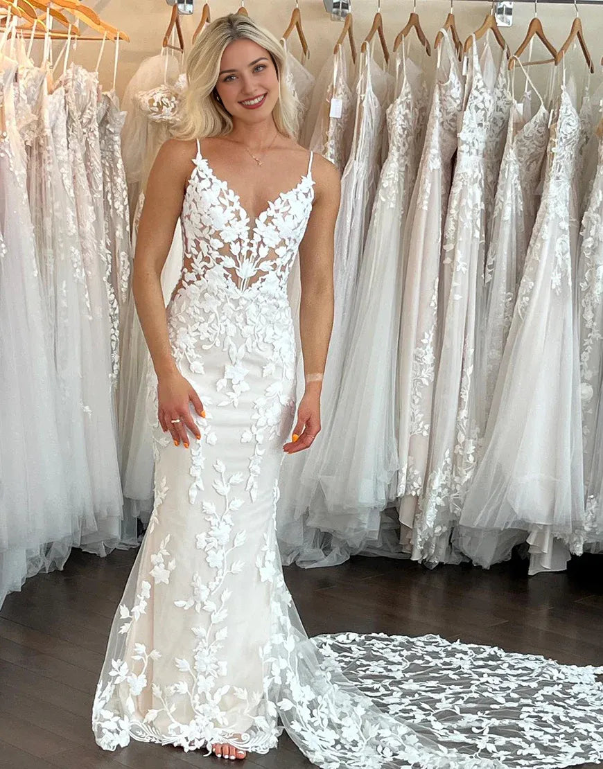 Mermaid Spaghetti Straps Backless Sweep Train Wedding Dress With Appliques