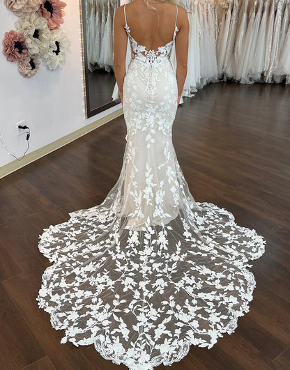 Mermaid Spaghetti Straps Backless Sweep Train Wedding Dress With Appliques