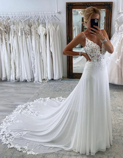 A Line Spaghetti-Straps Open Back Wedding Dress Sleeveless With Appliques