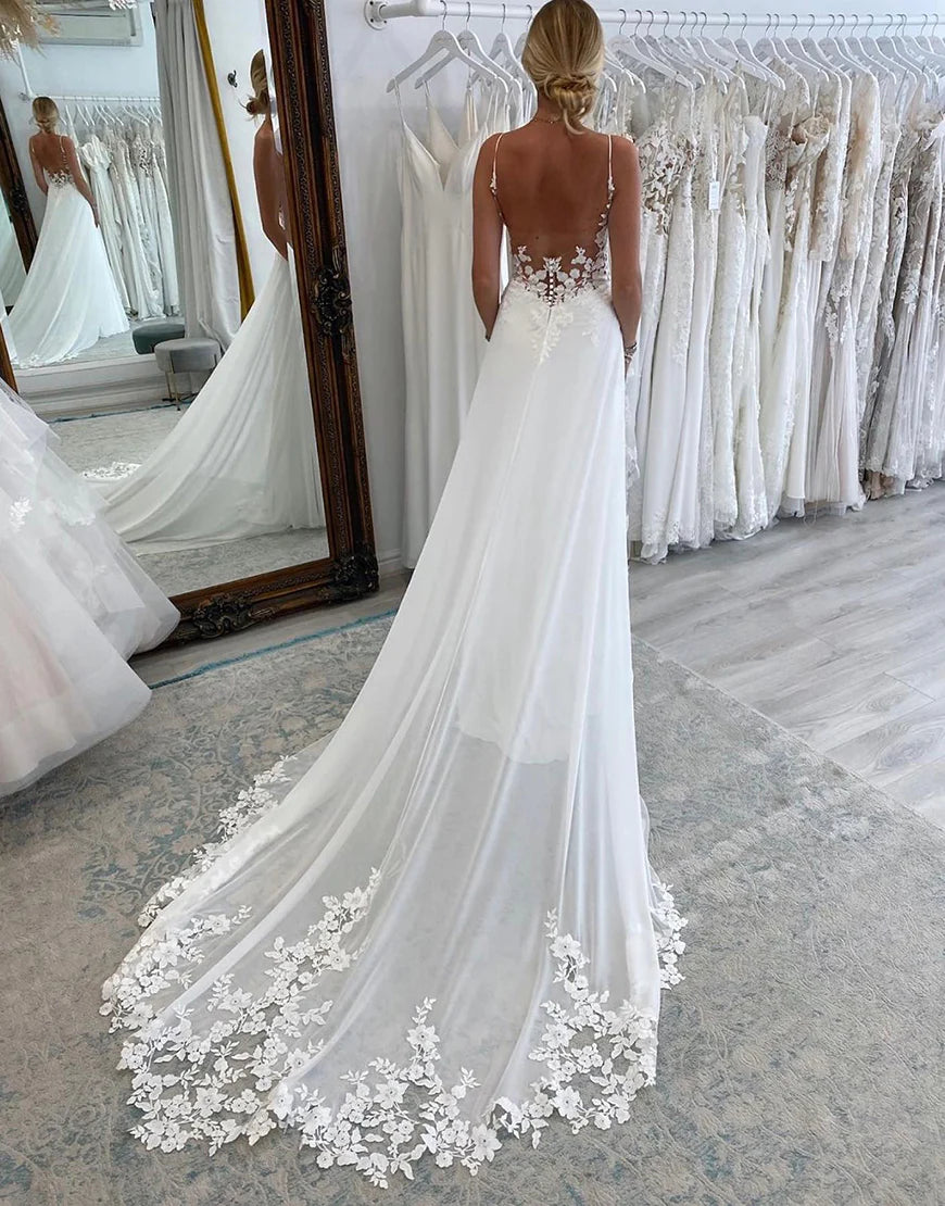 A Line Spaghetti-Straps Open Back Wedding Dress Sleeveless With Appliques