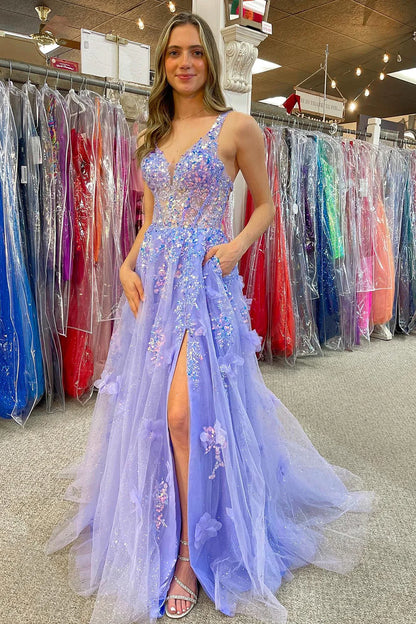 A Line Lavender Appliqued Sequins Tulle Sweetheart Prom Dress With Slit