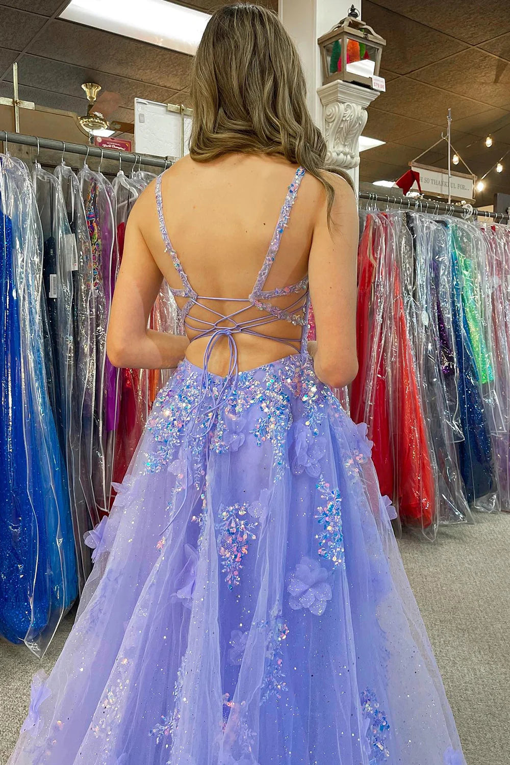 A Line Lavender Appliqued Sequins Tulle Sweetheart Prom Dress With Slit