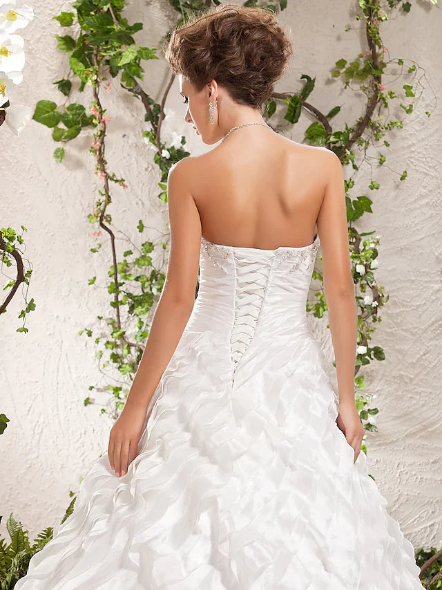 Ball Gown Wedding Dresses Strapless Floor Length Taffeta Sleeveless with Beading Cascading Ruffle Criss-Cross