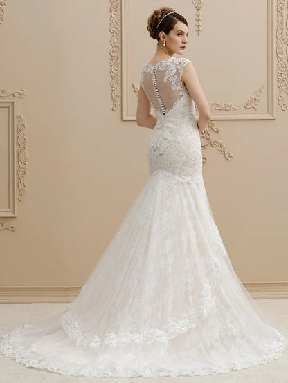 Wedding Dresses Square Neck Court Train Lace Over Tulle Regular Straps Wedding Dress in Color Floral Lace See-Through with Buttons Sequin Appliques