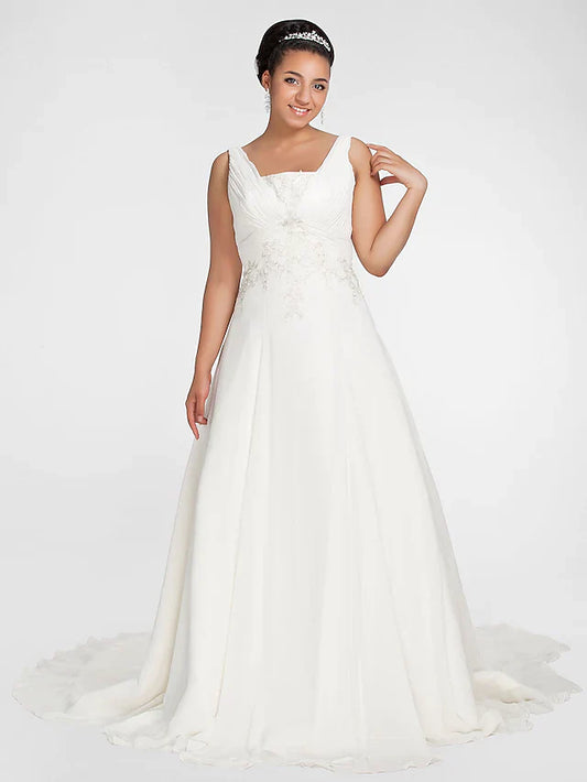 A-Line Wedding Dresses Square Neck Chapel Train Chiffon Sleeveless with Beading Draping Appliques