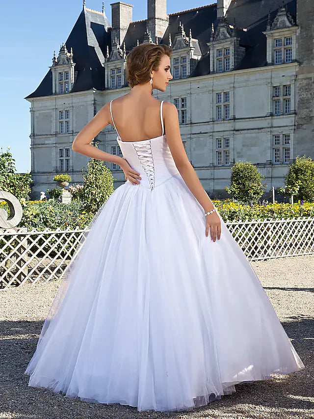 Ball Gown Wedding Dresses Sweetheart Neckline Floor Length Tulle Spaghetti Straps  Sleeveless