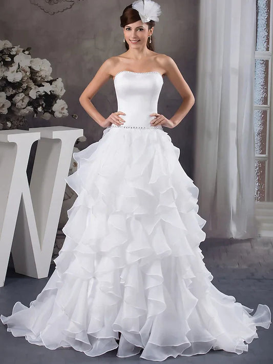 A-Line Wedding Dresses Strapless Court Train Organza Satin Strapless with Beading Cascading Ruffles