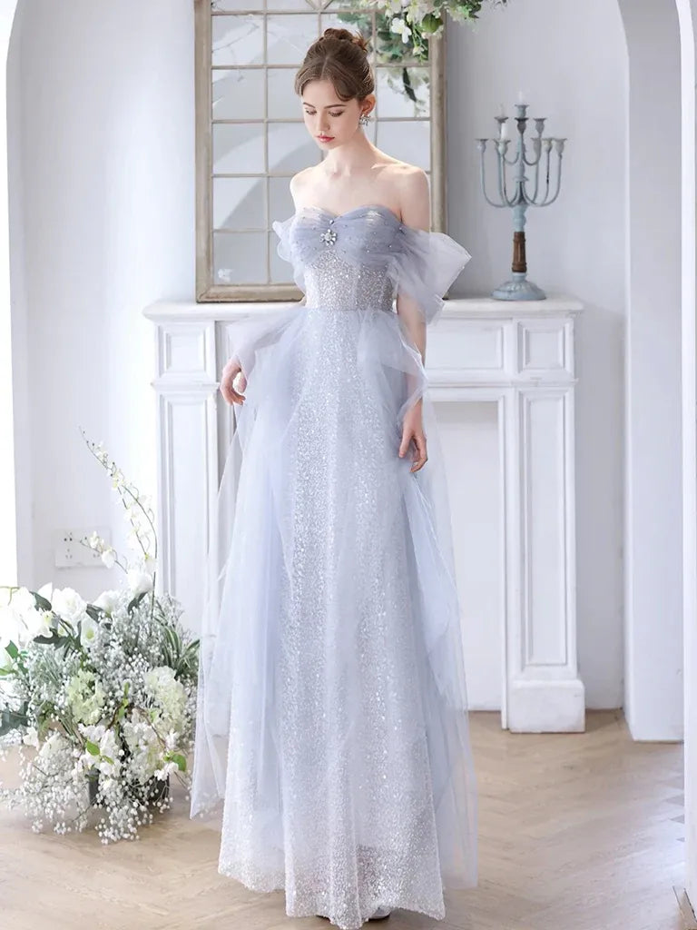 Ball Gown Quinceanera Dresses Princess Dress A-Line Off Shoulder Tulle Sequin Gray Long Prom Dress Gray Sweet 16 Dress