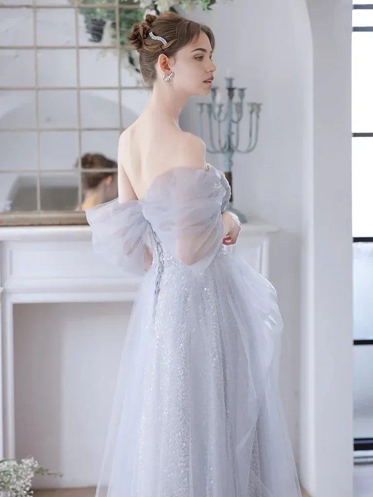 Ball Gown Quinceanera Dresses Princess Dress A-Line Off Shoulder Tulle Sequin Gray Long Prom Dress Gray Sweet 16 Dress