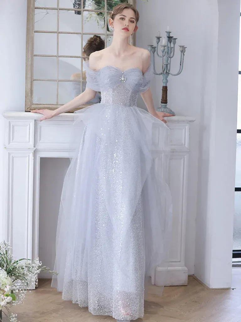 Ball Gown Quinceanera Dresses Princess Dress A-Line Off Shoulder Tulle Sequin Gray Long Prom Dress Gray Sweet 16 Dress