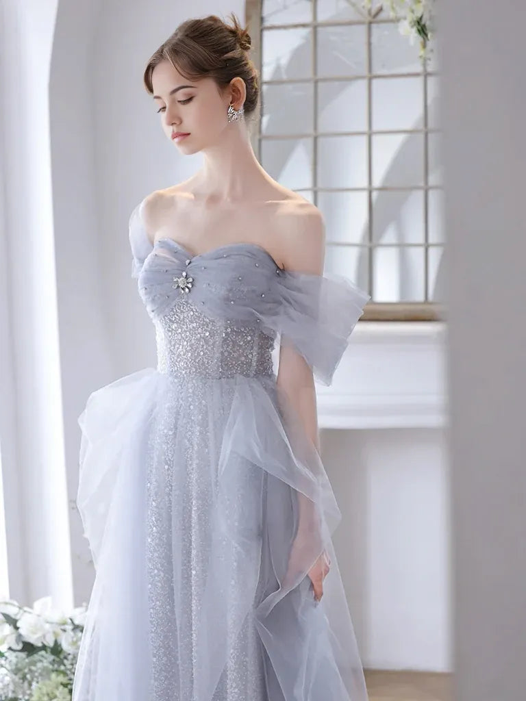 Ball Gown Quinceanera Dresses Princess Dress A-Line Off Shoulder Tulle Sequin Gray Long Prom Dress Gray Sweet 16 Dress