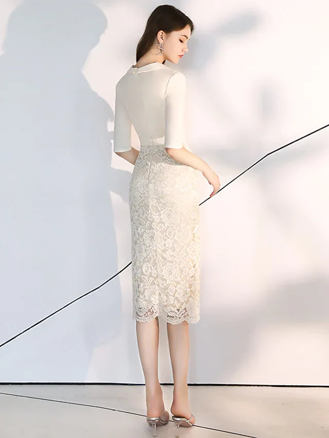 Elegant bodycon Homecoming Cocktail Party Dress V Neck Half Sleeve Knee Length Lace Stretch Fabric with Sash Ribbon