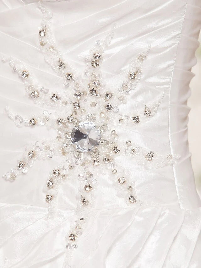 Ball Gown Wedding Dresses Strapless Floor Length Taffeta Sleeveless with Beading Cascading Ruffle Criss-Cross