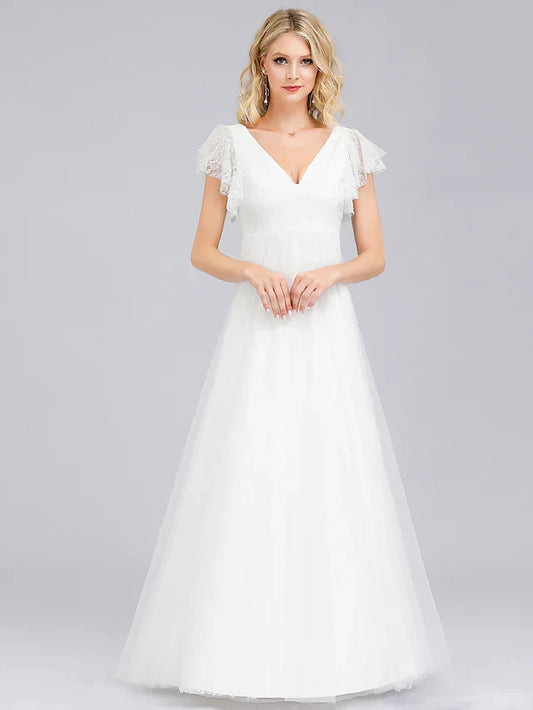 A-Line Wedding Dresses V Neck Floor Length Lace Short Sleeve Simple Casual Boho Illusion Detail Backless