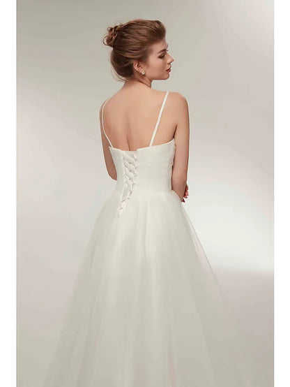 A-Line  Evening Dress  Wedding Dresses V Neck Asymmetrical Tulle Spaghetti Strap Simple Casual Little White Dress with Side-Draped