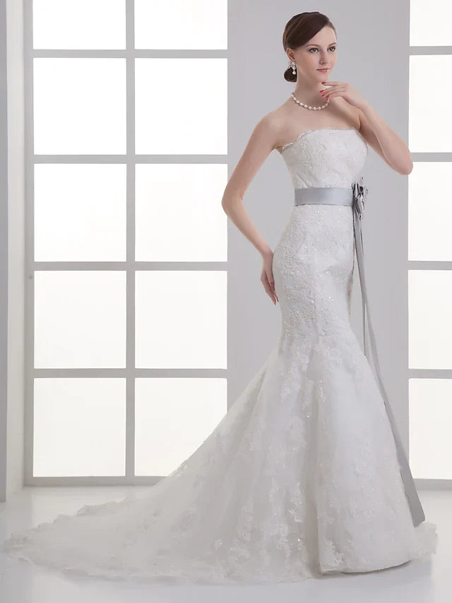 Wedding Dresses Strapless Chapel Train Lace Satin Strapless with Sashes Ribbons Bow(s) Beading