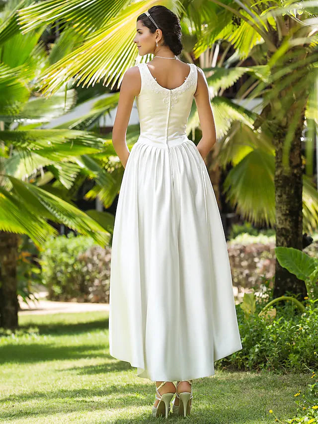 Princess A-Line Wedding Dresses Scoop Neck Asymmetrical Satin Sleeveless with Beading Appliques Pocket