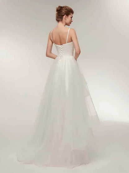 A-Line  Evening Dress  Wedding Dresses V Neck Asymmetrical Tulle Spaghetti Strap Simple Casual Little White Dress with Side-Draped